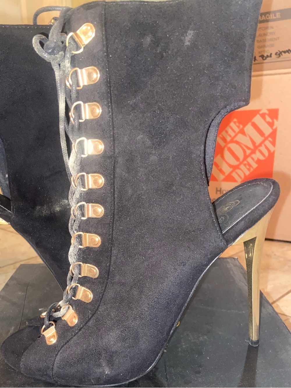 Women's Black Suede Lace-Up High Heel Booties with Gold Stiletto